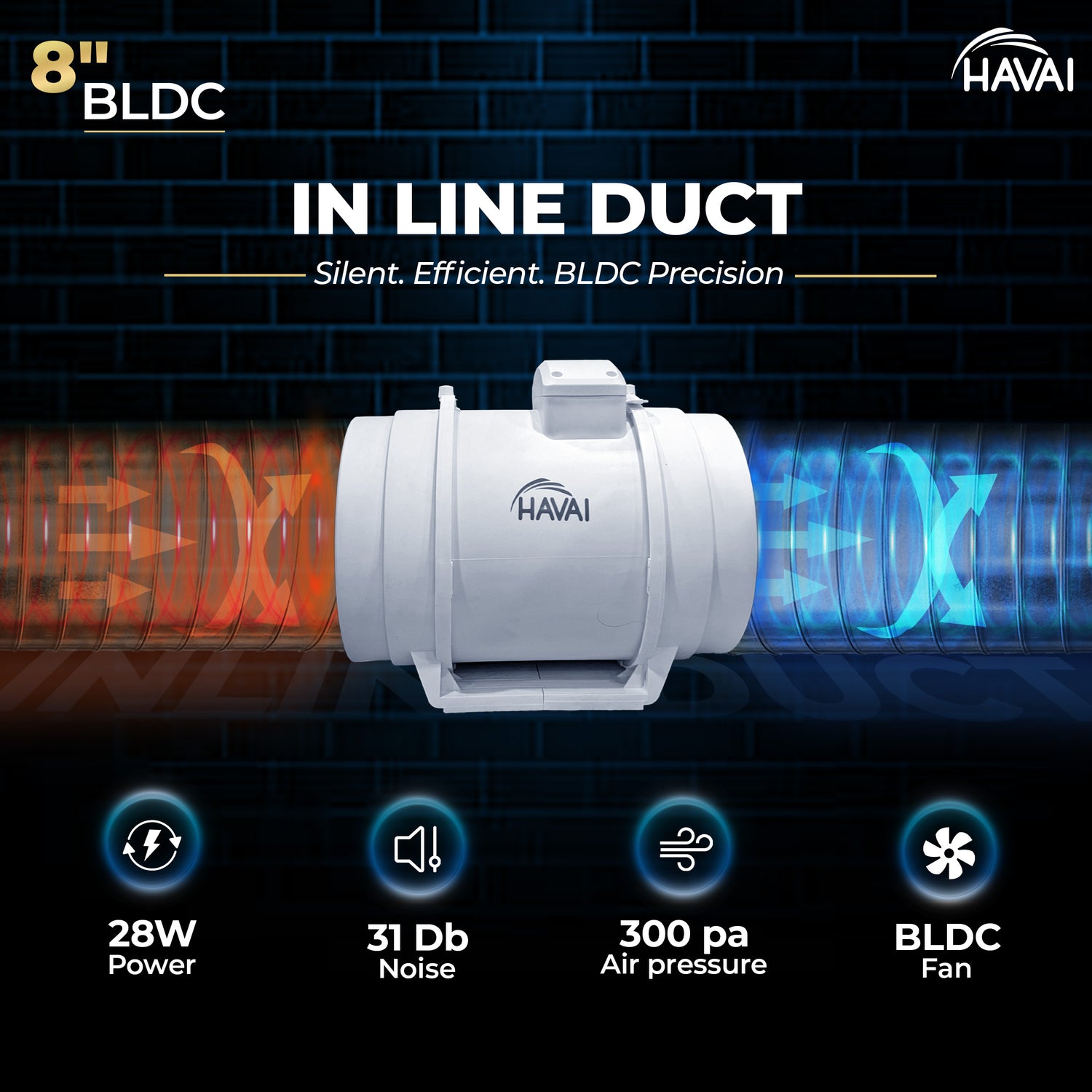 Havai BLDC Inline Duct Fan 8 Inch | 900 CMH Airflow | Energy-Saving 40W Exhaust Fan for Ventilation