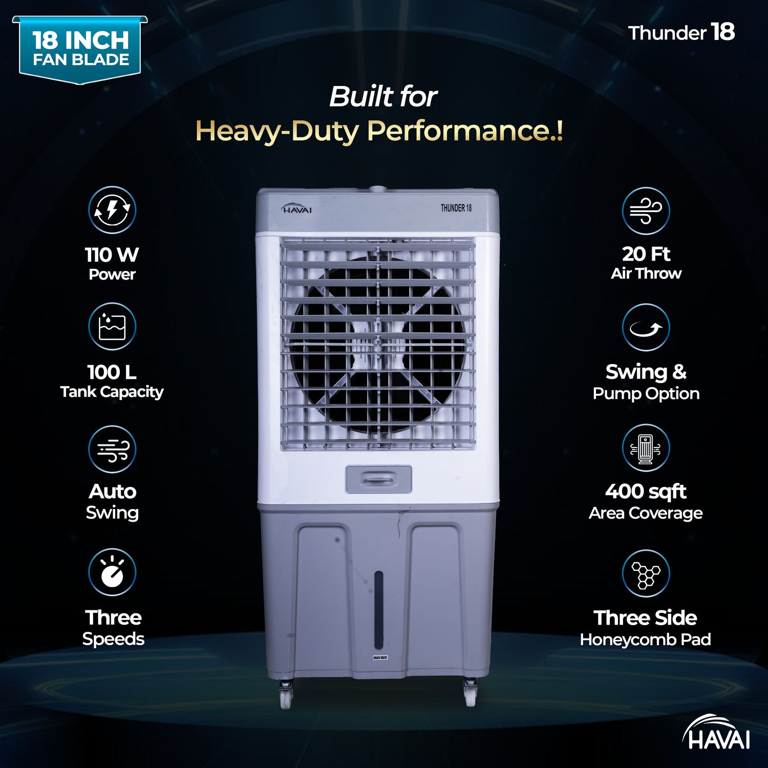 HAVAI Thunder 18 Desert Cooler | 18” Heavy-Duty Aluminium Fan Blade | 110 Dia 35mm Powerful Motor | Auto Swing | 3-Side Honeycomb Pads | 20 Ft Air Throw | 100L Tank | 1-Year Motor Warranty + Post-Warranty Support | White &amp; Grey