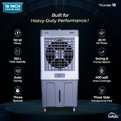 HAVAI Thunder 18 Desert Cooler | 18” Heavy-Duty Aluminium Fan Blade | 110 Dia 35mm Powerful Motor | Auto Swing | 3-Side Honeycomb Pads | 20 Ft Air Throw | 100L Tank | 1-Year Motor Warranty + Post-Warranty Support | White &amp; Grey