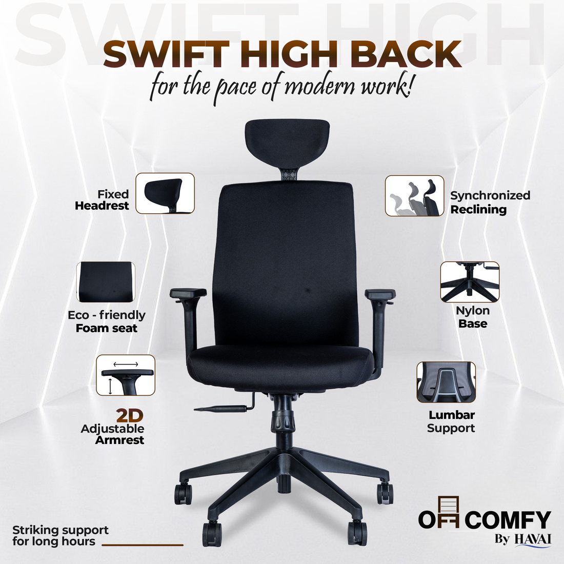 Off-Comfy by HAVAI Swift High Back Ergonomic Office Chair | Fixed Headrest | 3D Adjustable Armrest | Lumbar Support | Synchronized Recline | Chrome Base | Work from Home &amp; Office Chair
