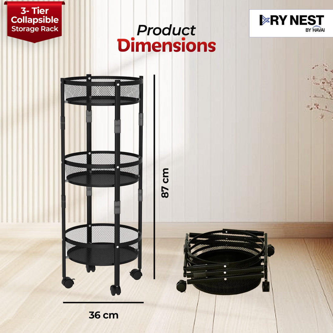 HAVAI 3 Tier Collapsible Storage Rack Trolley | Portable Mesh Basket Organizer with Wheels | Foldable Kitchen, Bathroom & Bedroom Utility Cart for Home – Black