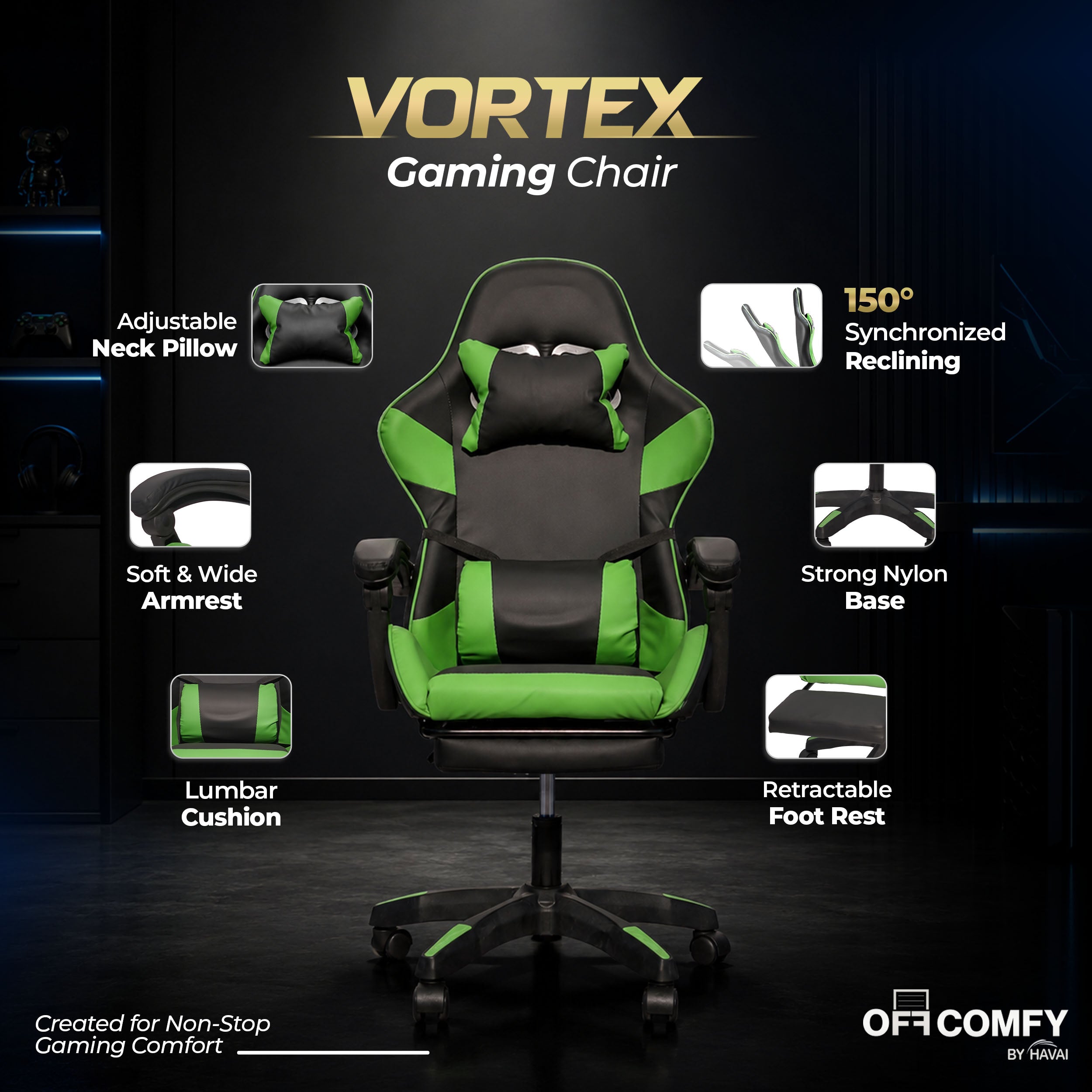 HAVAI Vortex GREEN Gaming Chair | Ergonomic High Back Computer Chair with Linkage Armrests | Reclining &amp; Folding Backrest | Premium 0.55mm PVC Upholstery | High Density Foam Cushion | Class 1 Gas Lift | 320mm Nylon Base | (Green &amp; Black)