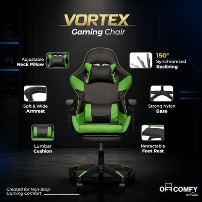 HAVAI Vortex GREEN Gaming Chair | Ergonomic High Back Computer Chair with Linkage Armrests | Reclining &amp; Folding Backrest | Premium 0.55mm PVC Upholstery | High Density Foam Cushion | Class 1 Gas Lift | 320mm Nylon Base | (Green &amp; Black)