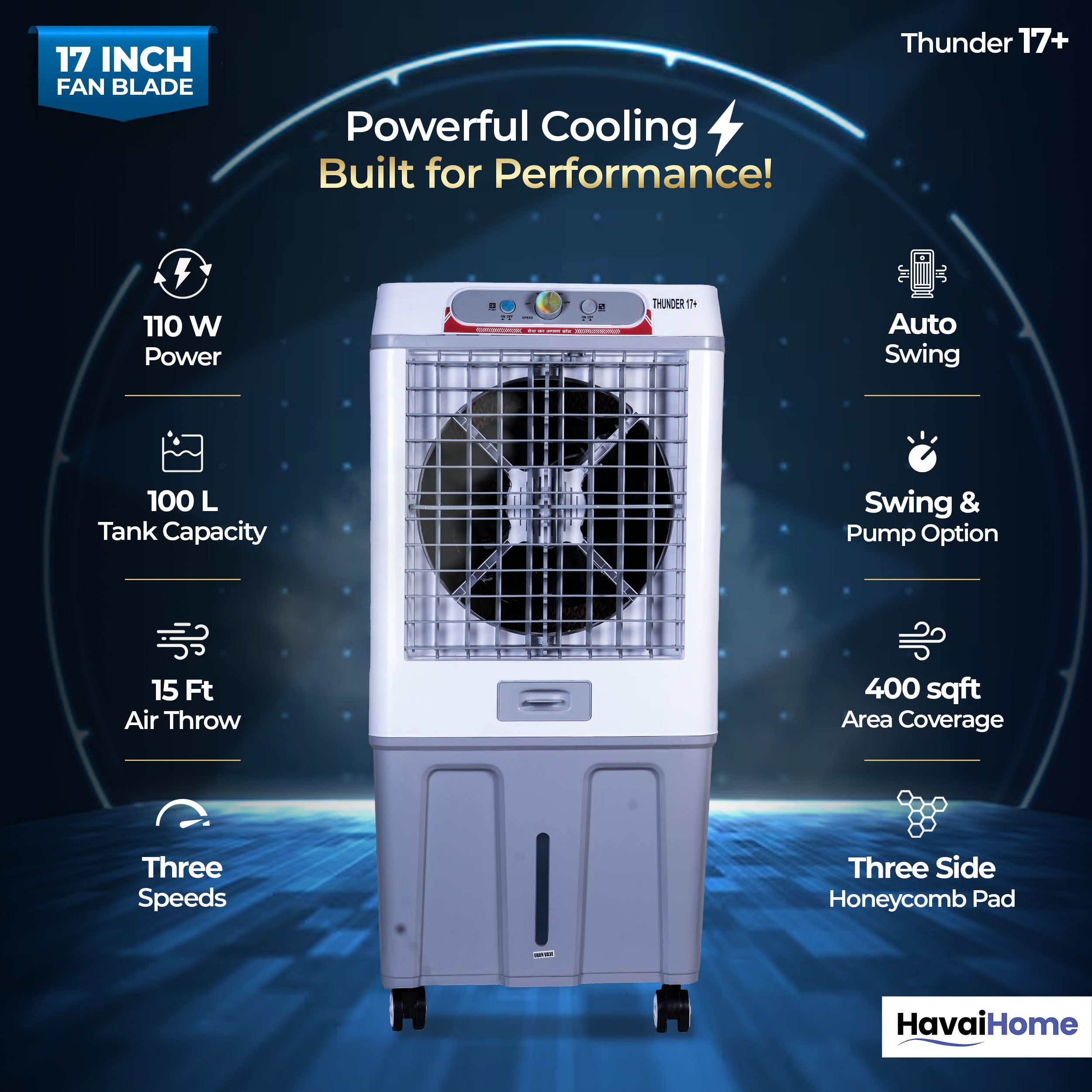 HAVAI Thunder 17+ Desert Cooler | 100L Tank | 17-Inch Fan Blade | 3-Side Honeycomb Pads | Heavy-Duty 110 Dia 32mm Motor | Auto Swing | 1-Year Motor Warranty &amp; Post-Warranty Service | White &amp; Brown
