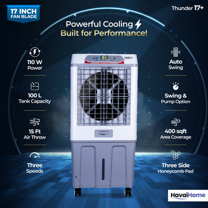 HAVAI Thunder 17+ Desert Cooler | 100L Tank | 17-Inch Fan Blade | 3-Side Honeycomb Pads | Heavy-Duty 110 Dia 32mm Motor | Auto Swing | 1-Year Motor Warranty &amp; Post-Warranty Service | White &amp; Brown