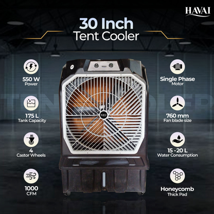 HAVAI Thunder 200 Tent Cooler | 30-Inch Heavy-Duty 3-Leaf Blade | 10,000 m³/hr Air Delivery | 175 Litre Water Tank | 550W Powerful Motor | Single-Phase Aluminium Winding Motor|1-Year Warranty)