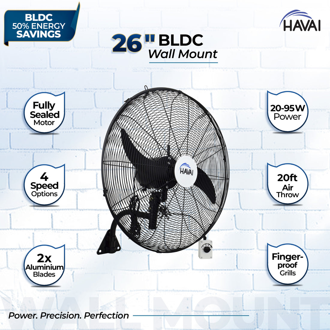 HAVAI BLDC Wall Mount Fan 26 inch, 50% Savings on Electricity, High Velocity, Heavy Duty Metal for Industrial, Commercial and Residential Use, Assembly Included