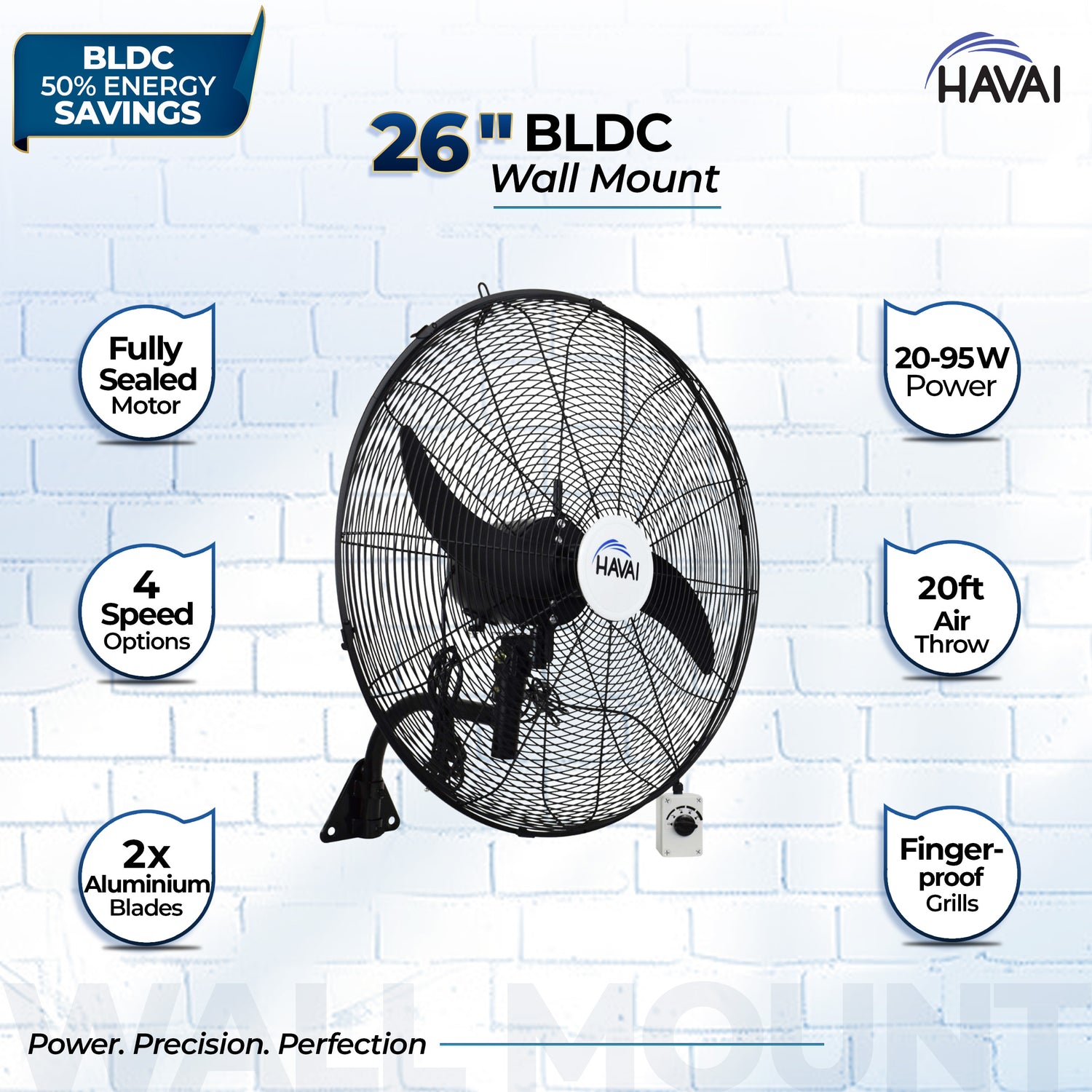 HAVAI BLDC Wall Mount Fan 26 inch, 50% Savings on Electricity, High Velocity, Heavy Duty Metal for Industrial, Commercial and Residential Use, Assembly Included