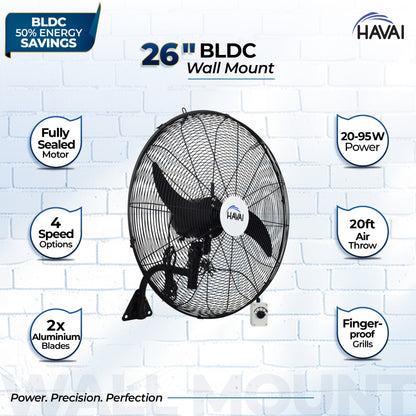 HAVAI BLDC Wall Mount Fan 26 inch, 50% Savings on Electricity, High Velocity, Heavy Duty Metal for Industrial, Commercial and Residential Use, Assembly Included