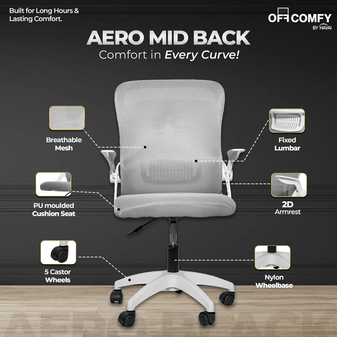 HAVAI Aero Grey Ergonomic Office Chair | Premium Net Cloth Fabric | Reclining &amp; Folding Back | 60D Recycled Foam + 24D Virgin Cotton | Nylon Armrests | Class 2 Gas Lift | 310 Nylon Base | 2-Inch Smooth Wheels | Grey