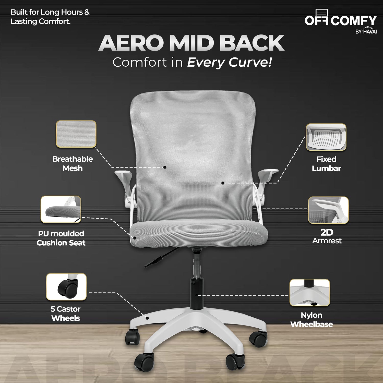 HAVAI Aero Grey Ergonomic Office Chair | Premium Net Cloth Fabric | Reclining &amp; Folding Back | 60D Recycled Foam + 24D Virgin Cotton | Nylon Armrests | Class 2 Gas Lift | 310 Nylon Base | 2-Inch Smooth Wheels | Grey