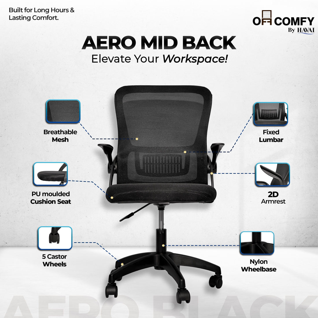 HAVAI Aero Black Ergonomic Office Chair | Premium Net Cloth Fabric | Reclining &amp; Folding Back | 60D Recycled Foam + 24D Virgin Cotton | Nylon Armrests | Class 2 Gas Lift | 310 Nylon Base | 2-Inch Smooth Wheels