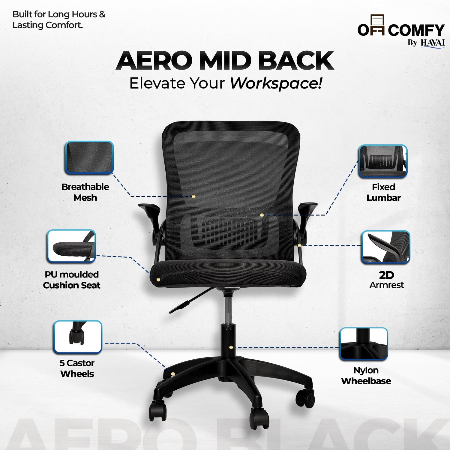 HAVAI Aero Black Ergonomic Office Chair | Premium Net Cloth Fabric | Reclining &amp; Folding Back | 60D Recycled Foam + 24D Virgin Cotton | Nylon Armrests | Class 2 Gas Lift | 310 Nylon Base | 2-Inch Smooth Wheels