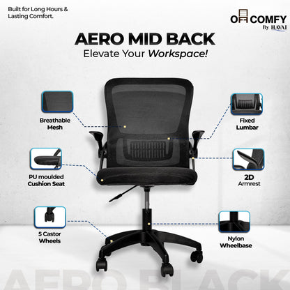 HAVAI Aero Black Ergonomic Office Chair | Premium Net Cloth Fabric | Reclining &amp; Folding Back | 60D Recycled Foam + 24D Virgin Cotton | Nylon Armrests | Class 2 Gas Lift | 310 Nylon Base | 2-Inch Smooth Wheels