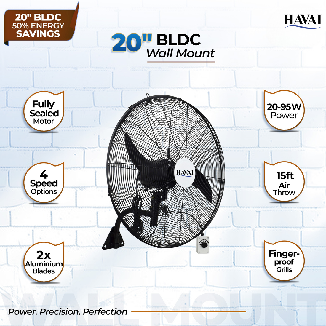 BLDC Wall Mount Fan 20 Inch, 50% Savings On Electricity, High Velocity, Heavy Duty Metal For Industrial, Commercial And Residential Use, Assembly Included , Black