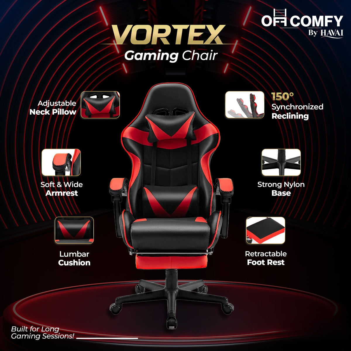 HAVAI Vortex Red Gaming Chair | Ergonomic High Back Computer Chair with Linkage Armrests | Reclining &amp; Folding Backrest | Premium 0.55mm PVC Upholstery | High Density Foam Cushion | Class 1 Gas Lift | 320mm Nylon Base | Heavy Duty Wheels | (Red &amp; Black)