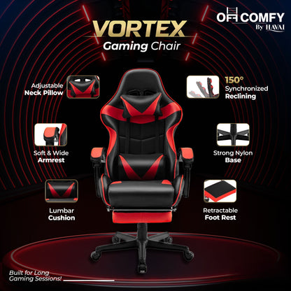 HAVAI Vortex Red Gaming Chair | Ergonomic High Back Computer Chair with Linkage Armrests | Reclining &amp; Folding Backrest | Premium 0.55mm PVC Upholstery | High Density Foam Cushion | Class 1 Gas Lift | 320mm Nylon Base | Heavy Duty Wheels | (Red &amp; Black)