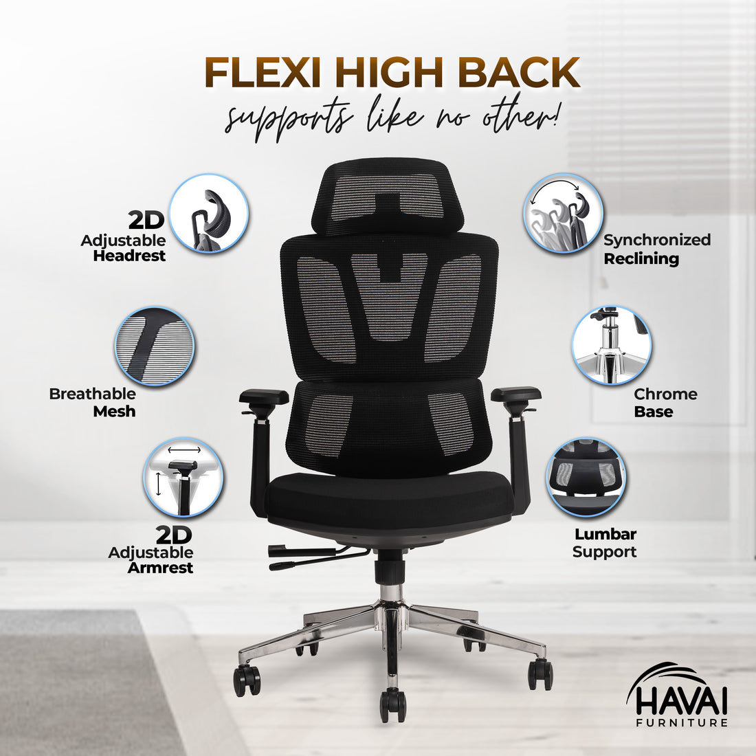 HAVAI Flexi High Back Black Mesh Ergonomic Office Chair |  Multi-Lock Synchro Tilt | Aluminium Base | Class 4 Gaslift | Seat Slider | 3D Adjustable Armrests | 50mm Casters | Premium Mesh Back &amp; Fabric Seat(Black)