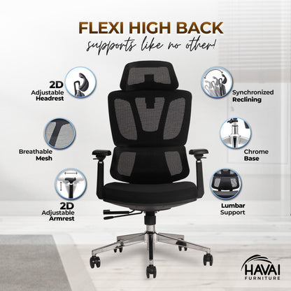 HAVAI Flexi High Back Black Mesh Ergonomic Office Chair |  Multi-Lock Synchro Tilt | Aluminium Base | Class 4 Gaslift | Seat Slider | 3D Adjustable Armrests | 50mm Casters | Premium Mesh Back &amp; Fabric Seat(Black)