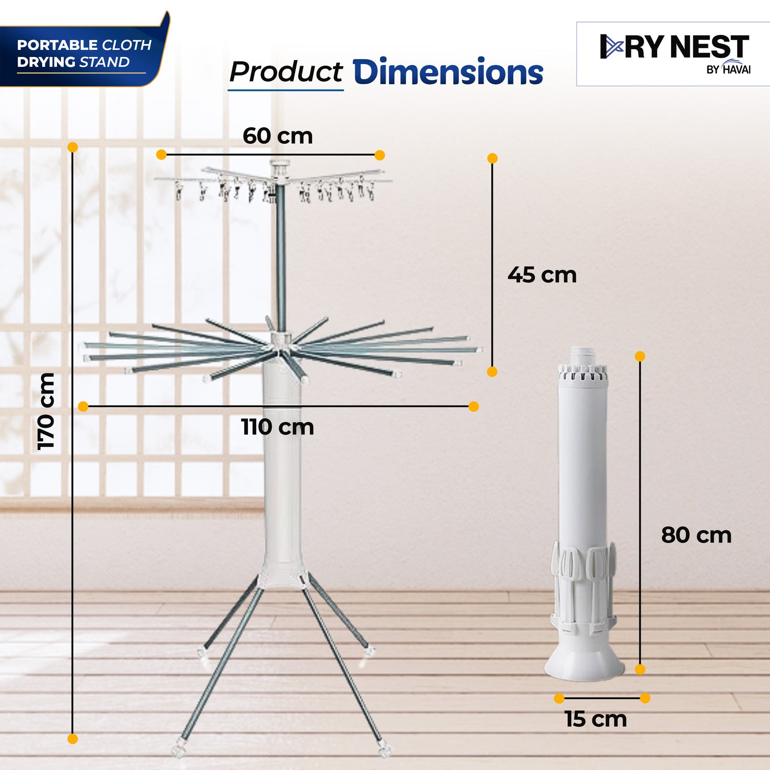HAVAI Octopus Foldable Rotating Cloth Drying Rack | 360° Multi-Layer Laundry Stand with Lockable Wheels &amp; Strong Load Capacity | Space-Saving Indoor/Outdoor Clothes Hanger for Home Balcony (White)