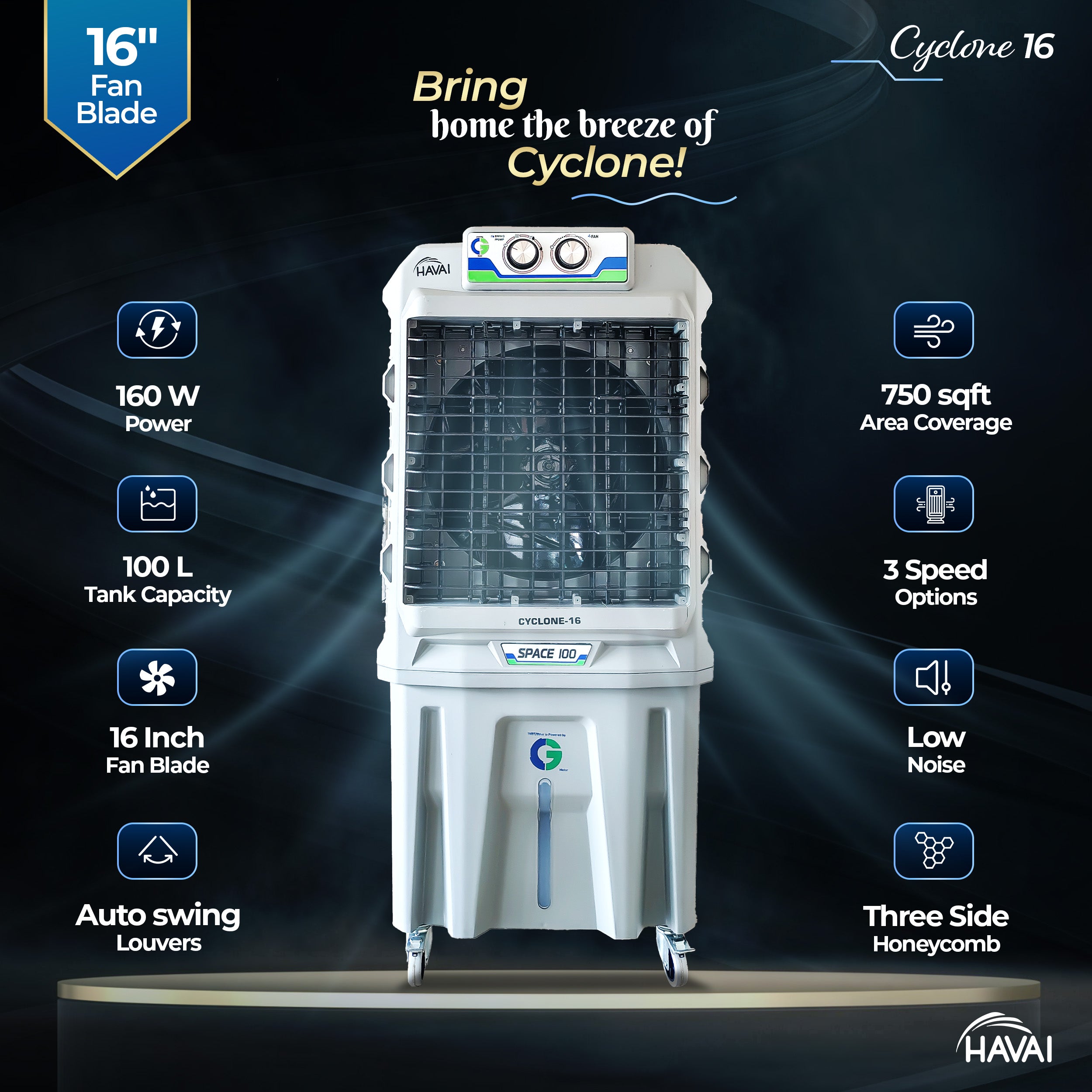 HAVAI Cyclone 16 Inch Desert Air Cooler | 16&quot; Fan Blade | 100L Tank Capacity | 500 Sq. Ft. Coverage | Auto Swing | Three Side Honeycomb Pads | Grey