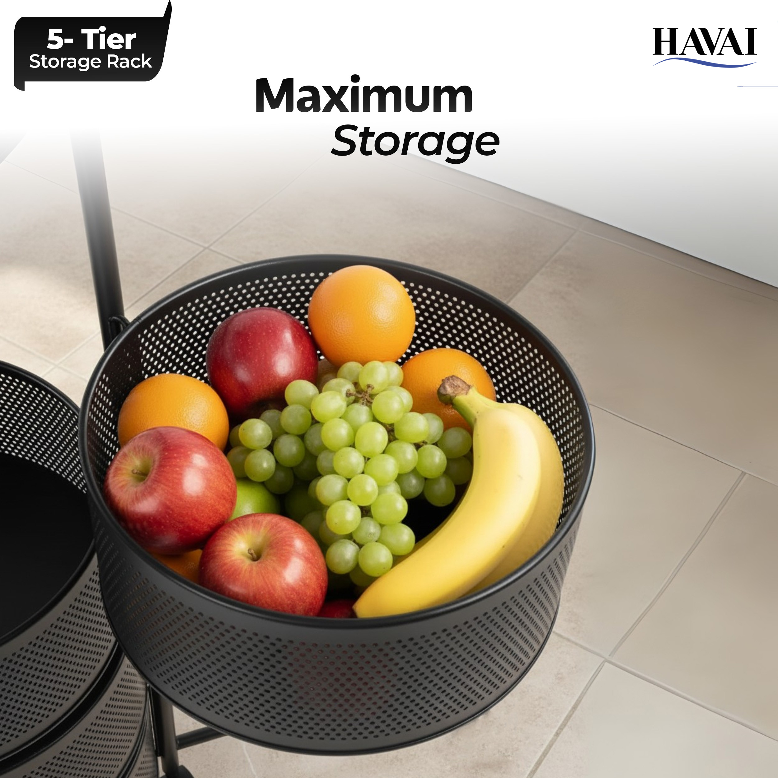 Havai 5 Tier Rolling Kitchen Storage Rack | Sturdy Metal Frame| Space-Saving Utility Shelf – Black