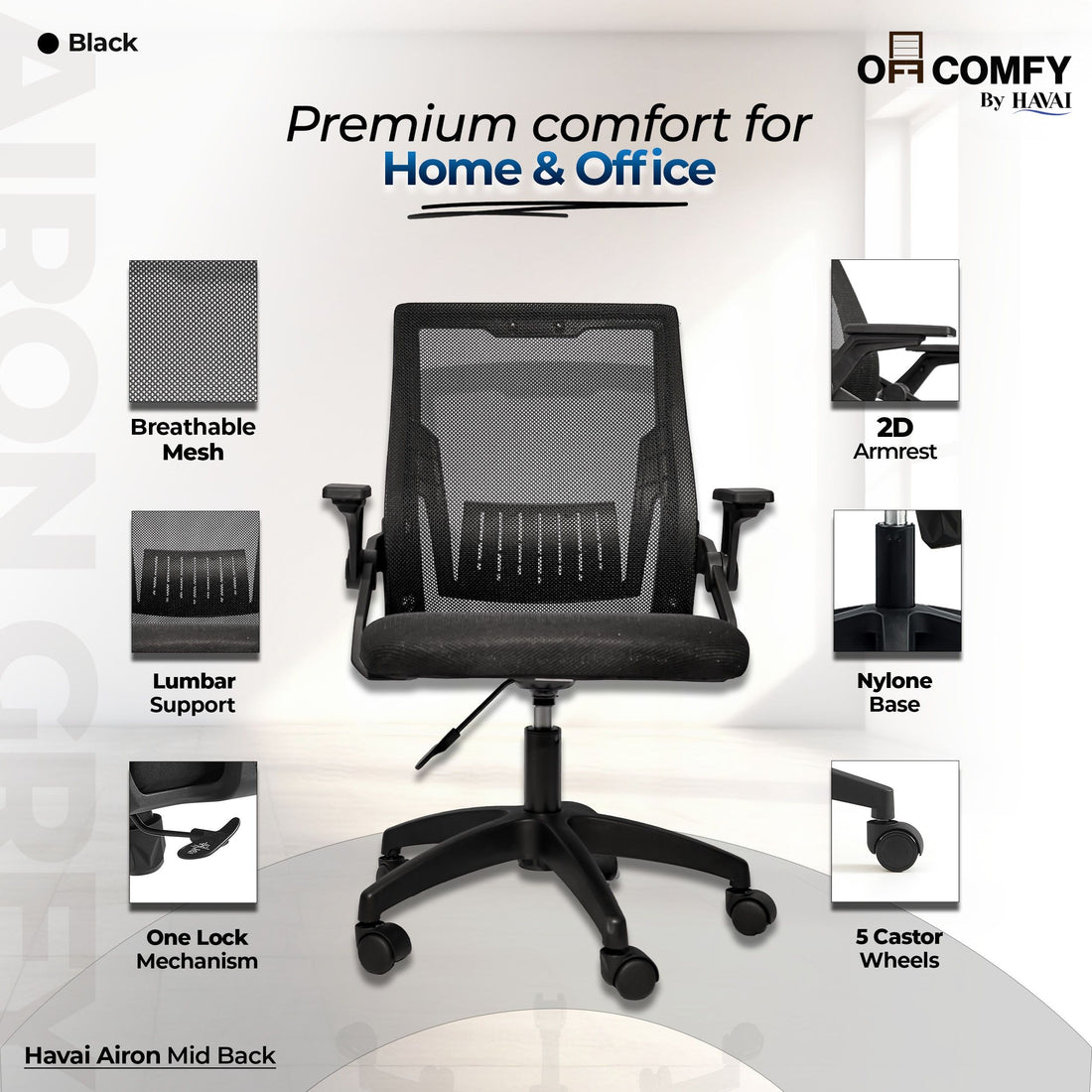 HAVAI Airon Ergonomic Office Chair with Mesh Back | Executive Computer Chair with Reclining &amp; Folding Function | Nylon Armrests | Class 2 Gas Lift | Plywood Base Support | Grey Seat | WFH &amp; Office Use | (Black)