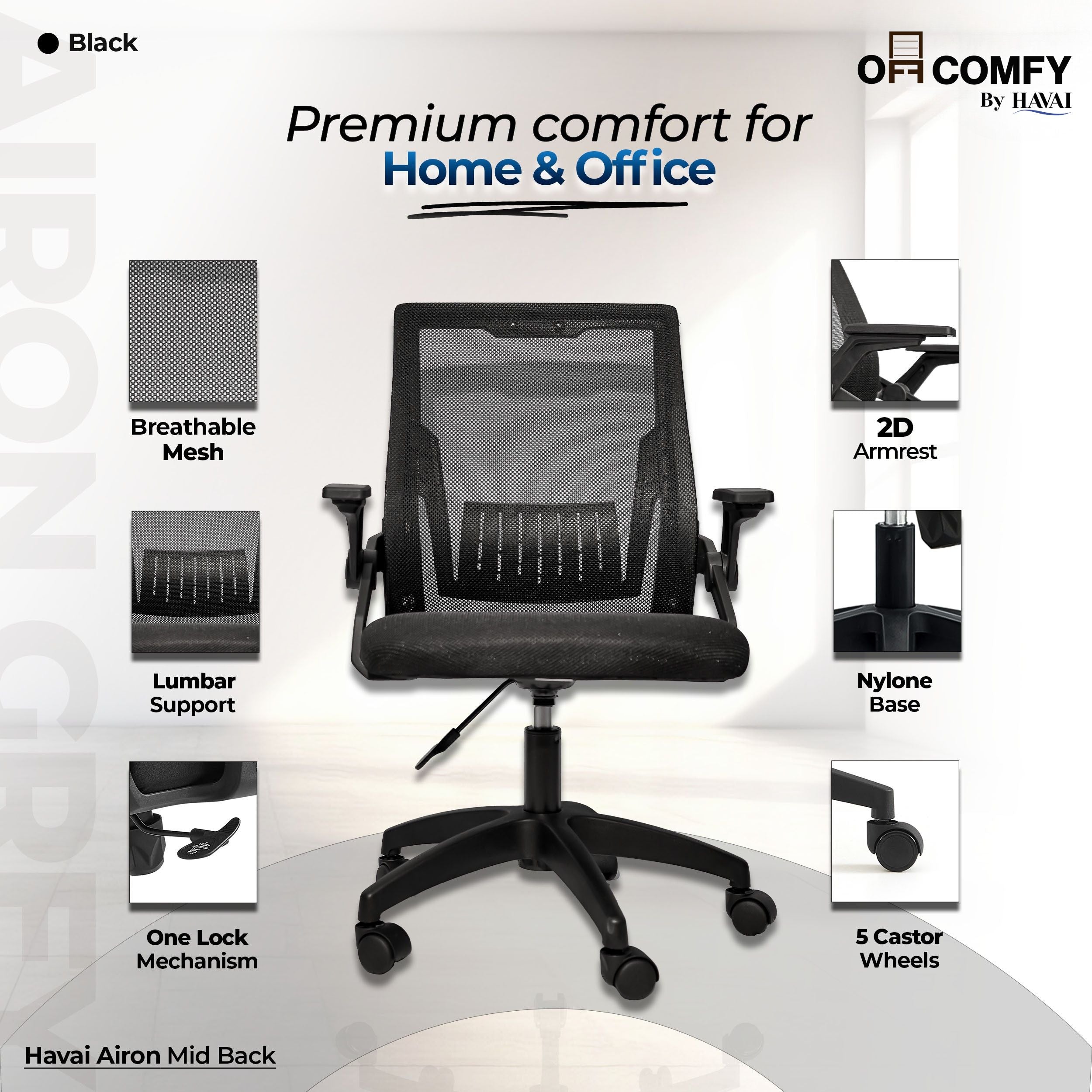 HAVAI Airon Ergonomic Office Chair with Mesh Back | Executive Computer Chair with Reclining &amp; Folding Function | Nylon Armrests | Class 2 Gas Lift | Plywood Base Support | Grey Seat | WFH &amp; Office Use | (Black)