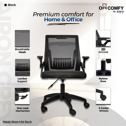 HAVAI Airon Ergonomic Office Chair with Mesh Back | Executive Computer Chair with Reclining &amp; Folding Function | Nylon Armrests | Class 2 Gas Lift | Plywood Base Support | Grey Seat | WFH &amp; Office Use | (Black)