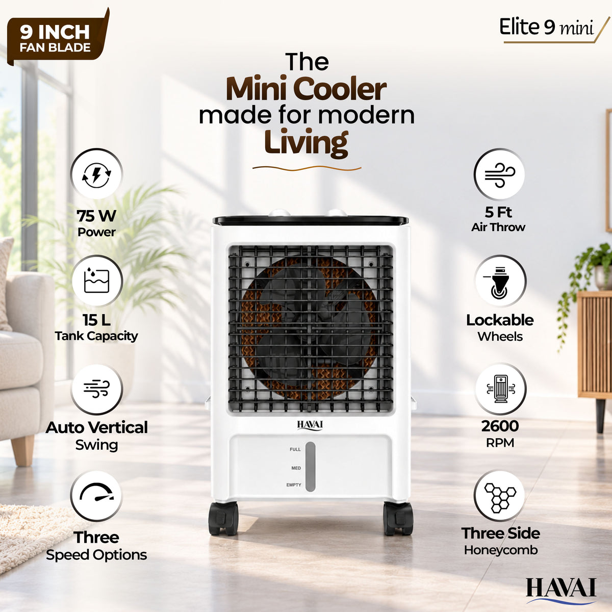Havai Elite 9 Mini Personal Air Cooler, 15L Tank, 2600 RPM, 1800 CMH, 5-ft air throw, 3-side honeycomb pads, glass top, lockable wheels