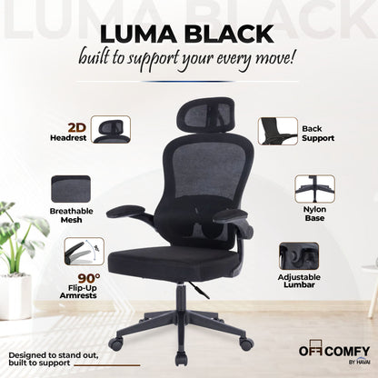 HAVAI LUMA BLACK Ergonomic Mesh Office Chair | Mid Back | Breathable Net Fabric | Height Adjustable | Class 2 Gas Lift | Nylon Base | Smooth Wheels | WFH &amp; Office (BLACK)