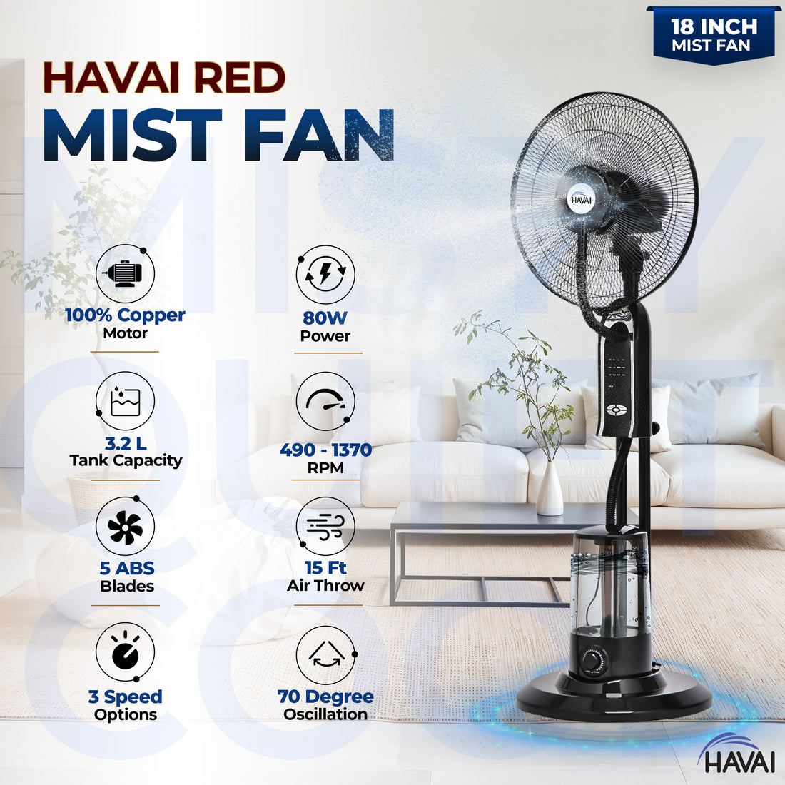 HAVAI RED 18&quot; BLDC Mist Pedestal Fan – High-Speed, Remote &amp; Touch Control, 3.2L Tank, 80W Power, 350 Sq Ft Coverage, Easy Install, Black (Copy)
