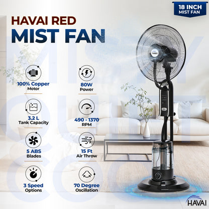 HAVAI RED 18&quot; BLDC Mist Pedestal Fan – High-Speed, Remote &amp; Touch Control, 3.2L Tank, 80W Power, 350 Sq Ft Coverage, Easy Install, Black (Copy)