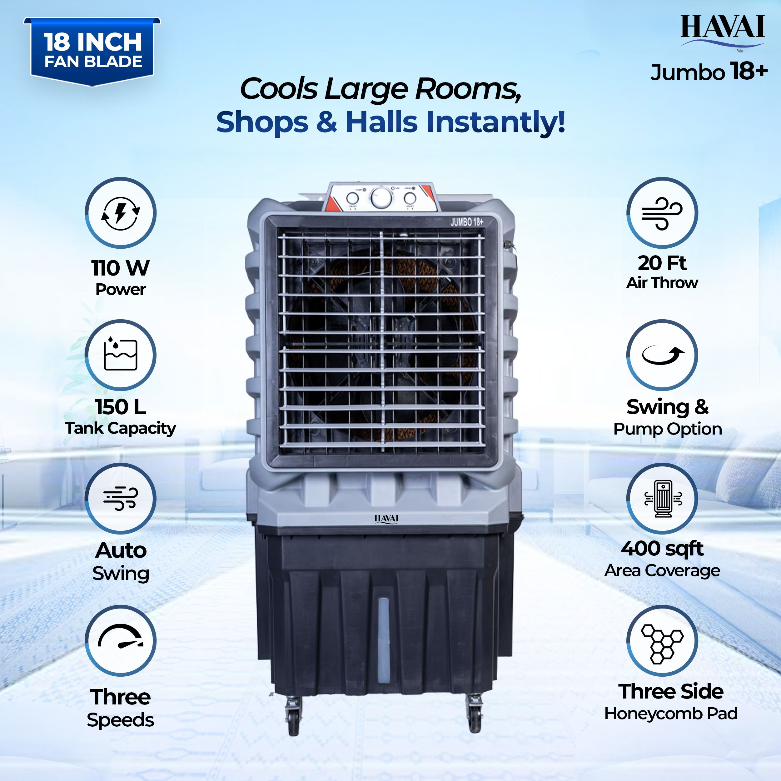 HAVAI Jumbo 18+ Massey Desert Cooler | 150L | 18-Inch Fan | Heavy-Duty 41mm Motor | 3-Side Honeycomb Pads | Auto Swing | Castor Wheels | 230V, 280W | White &amp; Grey