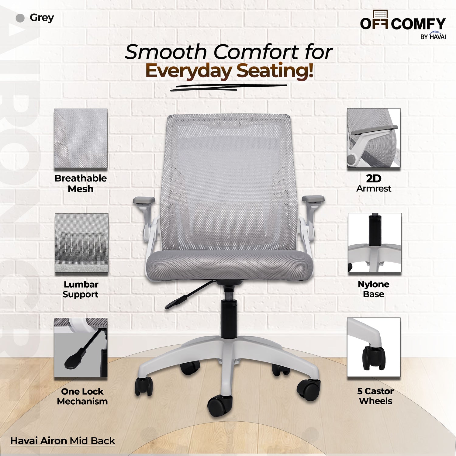 HAVAI Airon Ergonomic Office Chair with Mesh Back | Executive Computer Chair with Reclining &amp; Folding Function | Nylon Armrests | Class 2 Gas Lift | Plywood Base Support | Grey Seat | WFH &amp; Office Use | (Grey)
