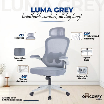 HAVAI LUMA GREY Ergonomic Mesh Office Chair | Mid Back | Breathable Net Fabric | Reclining | Height Adjustable | Class 2 Gas Lift | Nylon Base | Smooth Wheels | WFH &amp; Office
