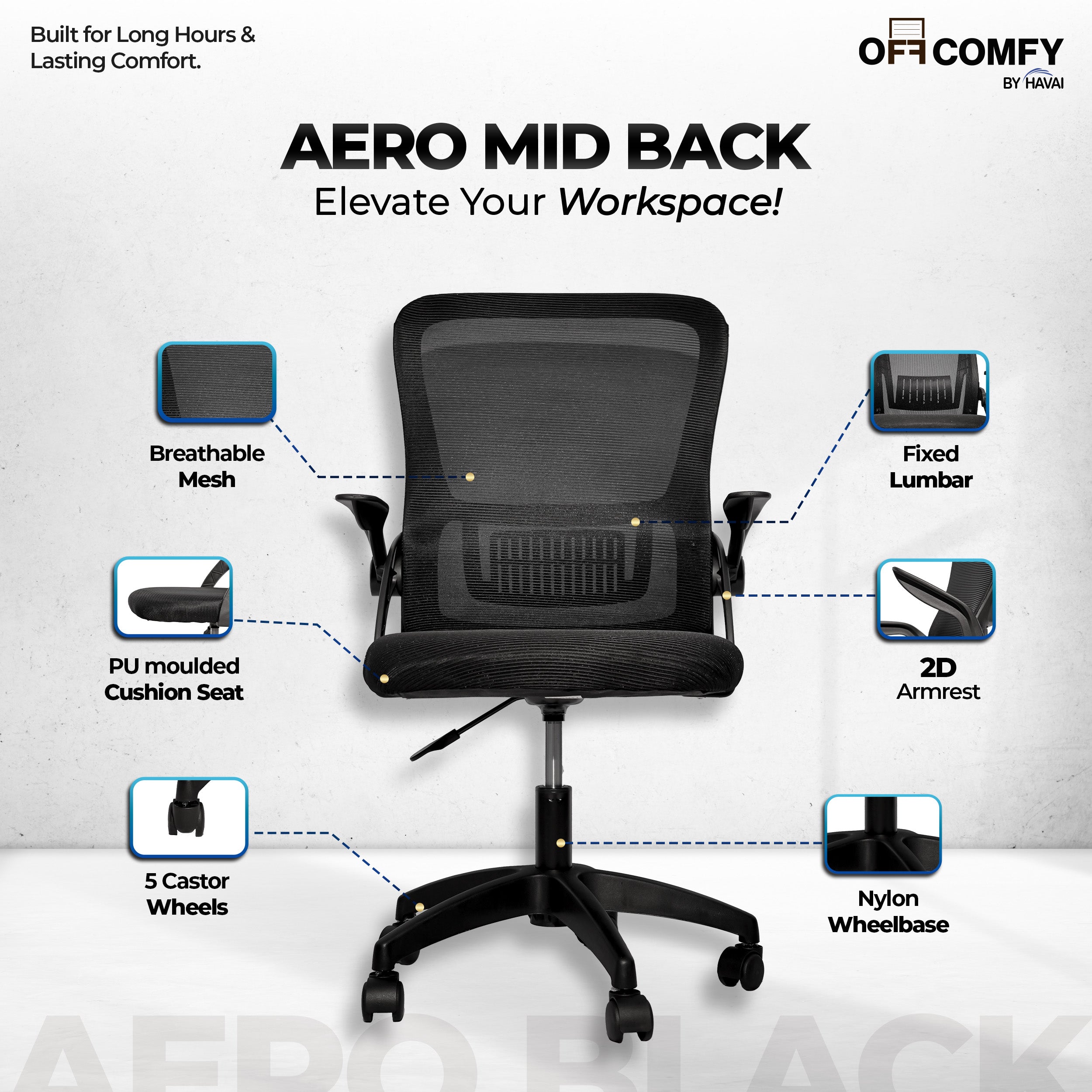 HAVAI Aero Black Ergonomic Office Chair | Premium Net Cloth Fabric | Reclining &amp; Folding Back | 60D Recycled Foam + 24D Virgin Cotton | Nylon Armrests | Class 2 Gas Lift | 310 Nylon Base | 2-Inch Smooth Wheels