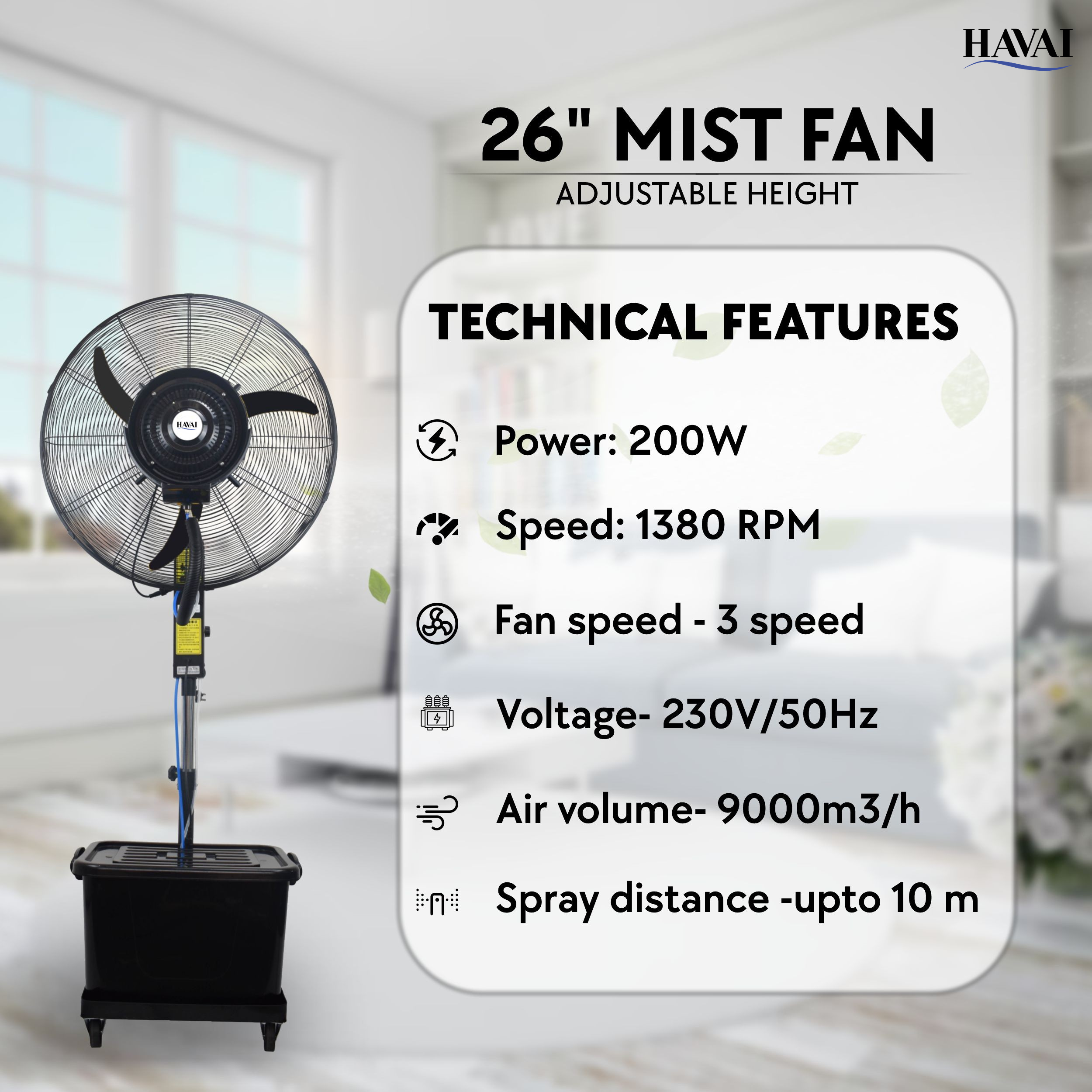 Havai 26″ Commercial Mist Fan with Adjustable Height Rod, 260W Copper Motor | 10m Spray | Manual Mist Control | Aluminium Blade | Finger-Proof Grill | 41L Tank | Fixed 6ft Height | 48-Hour Installation &amp; 1-Year Warranty