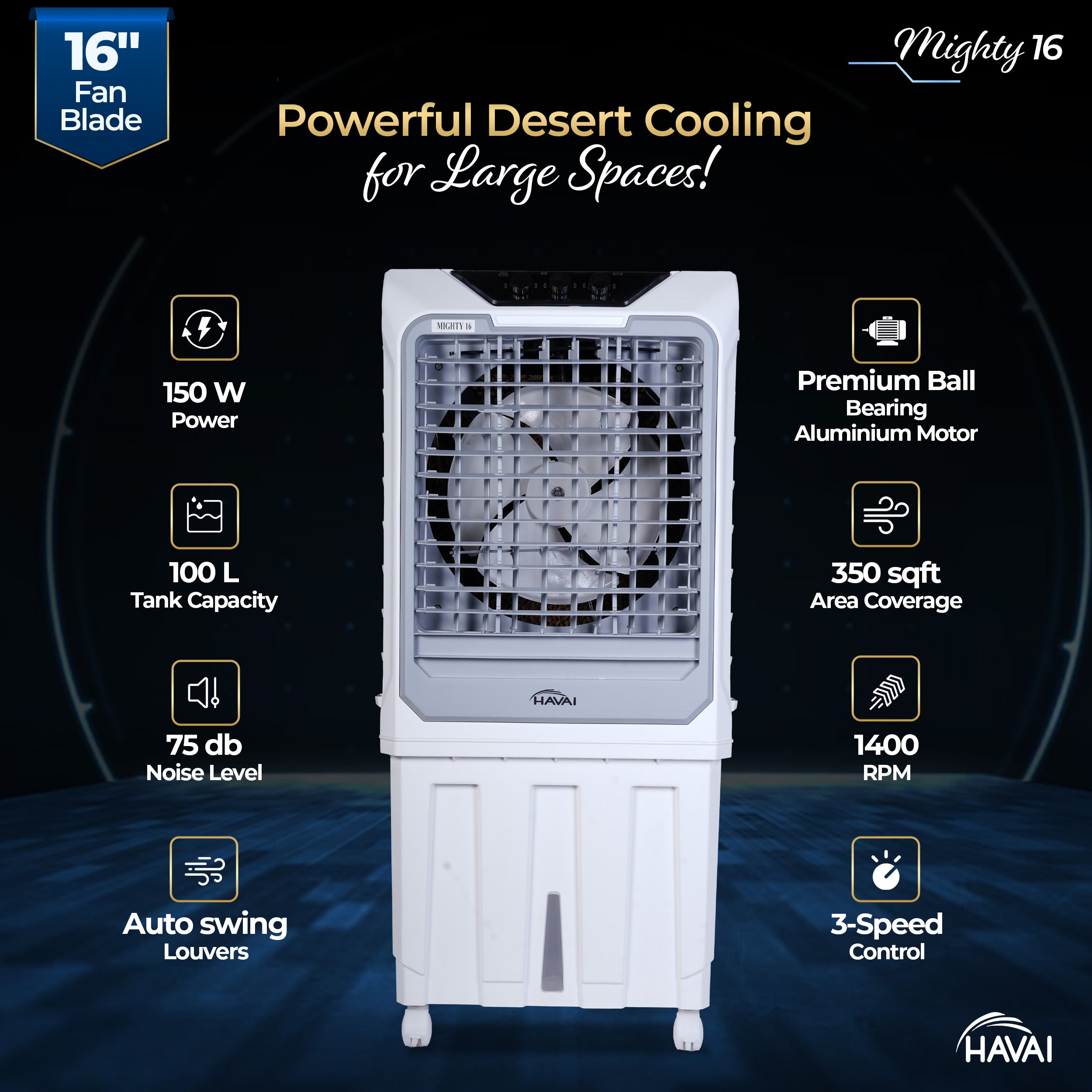 HAVAI Mighty 16 Desert Air Cooler | 16 Inch Special Bent-Edge Blade, 100L Tank, 5190 m³/hr Air Delivery | Covers 350 Sq Ft | Honeycomb Pads, Aluminium Motor, Closed Louvers, Wheels | White &amp; Grey