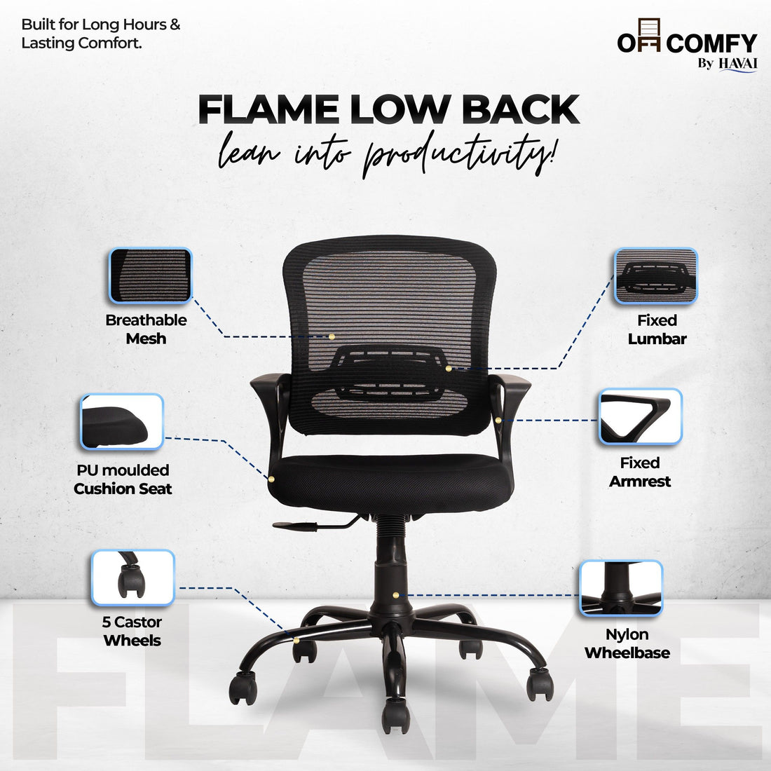 HAVAI Flame Back Low Back Ergonomic Mesh Office Chair |  Single Lock Tilt Mechanism | Mild Steel EPC Base |  Class 4 Gaslift | Fixed Armrests | 50mm Casters | Breathable Mesh Back