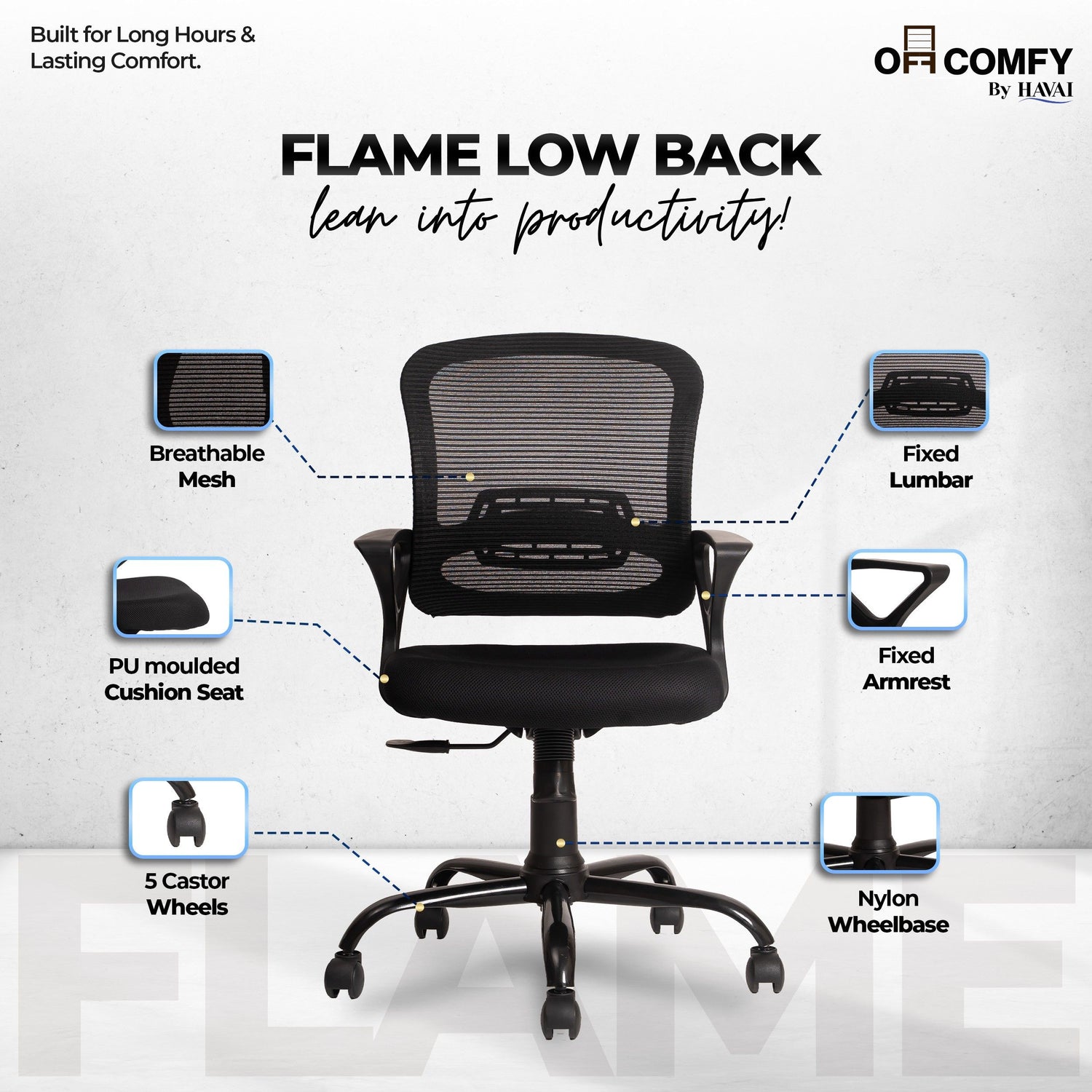 HAVAI Flame Back Low Back Ergonomic Mesh Office Chair |  Single Lock Tilt Mechanism | Mild Steel EPC Base |  Class 4 Gaslift | Fixed Armrests | 50mm Casters | Breathable Mesh Back