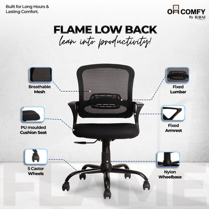 HAVAI Flame Back Low Back Ergonomic Mesh Office Chair |  Single Lock Tilt Mechanism | Mild Steel EPC Base |  Class 4 Gaslift | Fixed Armrests | 50mm Casters | Breathable Mesh Back