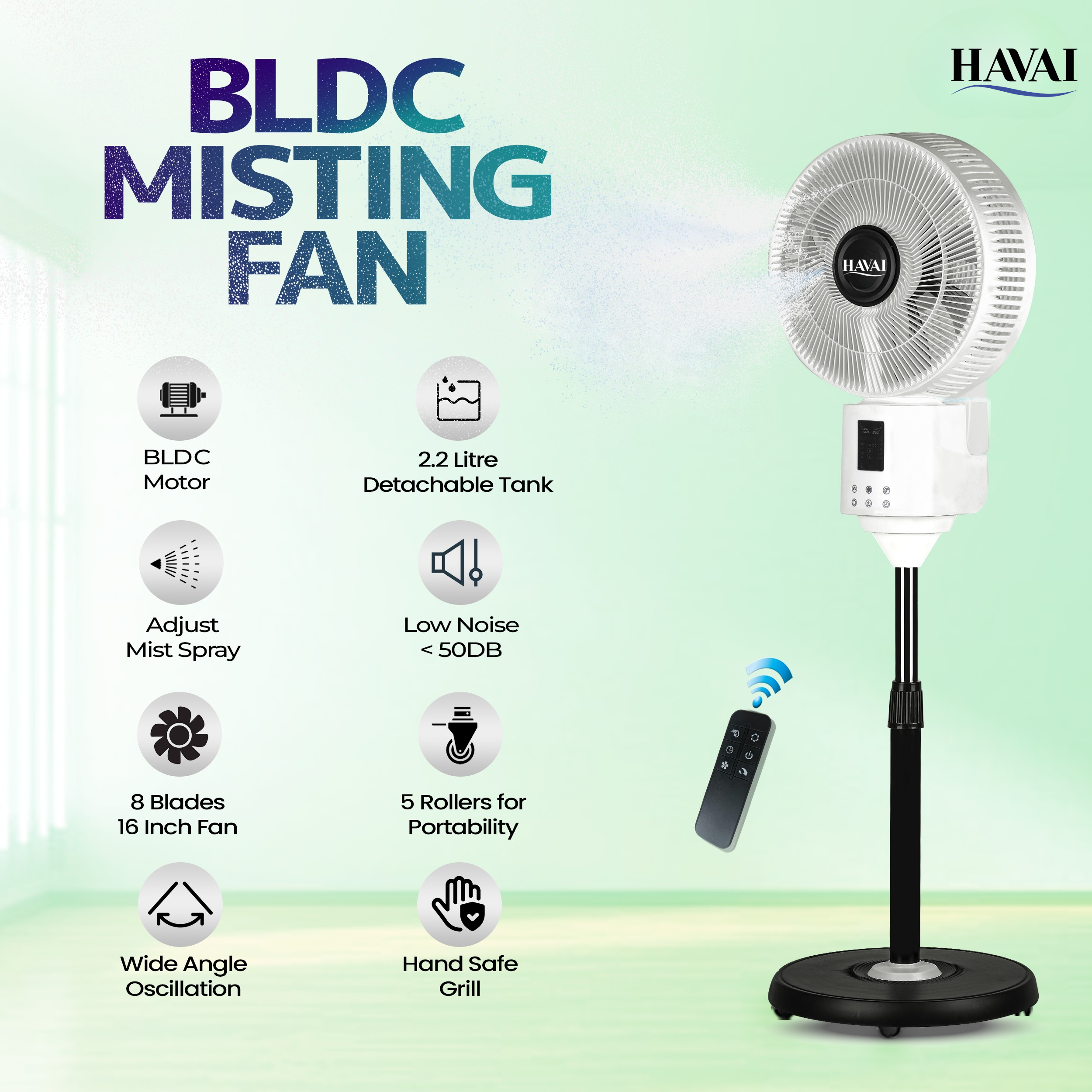 BLU X BLDC Mist Pedestal Fan – 16” Residential BLDC Mist Fan|Low Noise|Remote and Touch Enabled|2.2 Litre Detachable Tank | Installation Included (White, Pack of 1)
