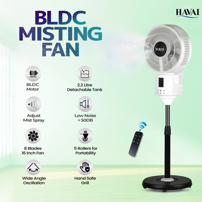 BLU X BLDC Mist Pedestal Fan – 16” Residential BLDC Mist Fan|Low Noise|Remote and Touch Enabled|2.2 Litre Detachable Tank | Installation Included (White, Pack of 1)
