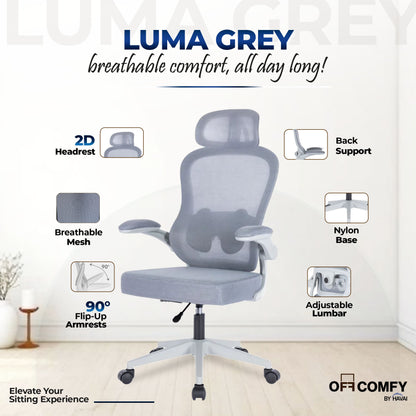 HAVAI LUMA GREY Ergonomic Mesh Office Chair | Mid Back | Breathable Net Fabric | Height Adjustable | Class 2 Gas Lift | Nylon Base | Smooth Wheels | WFH &amp; Office