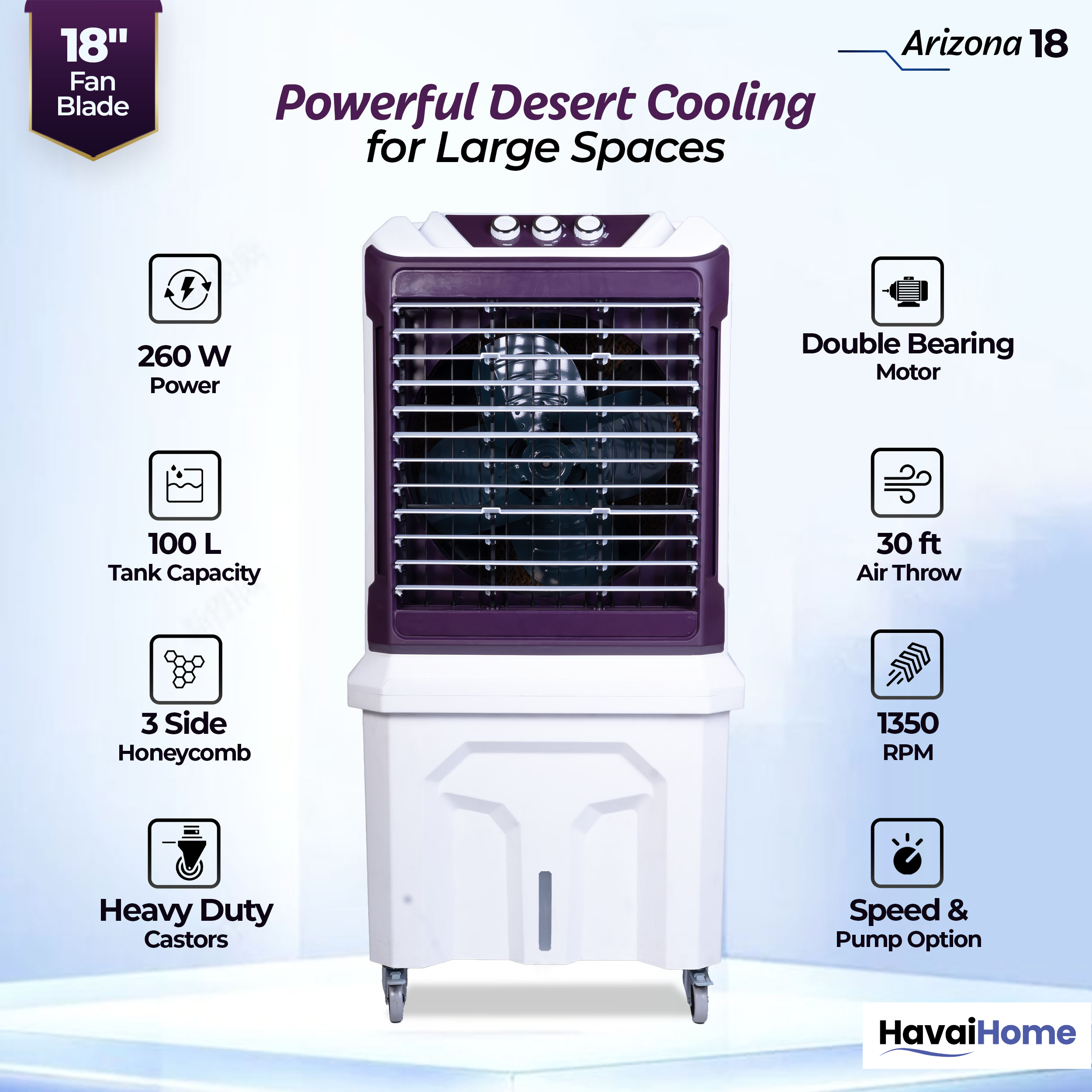 HAVAI Arizona 18 High Airflow Desert Cooler | 18” Metal Fan | 100L Tank | 3500 m³/hr Air Delivery | 30 ft Air Throw | 3-Side Thick Honeycomb Pads | Double Bearing Low-Noise Motor | Castor Wheels | 1-Year On-Site Warranty
