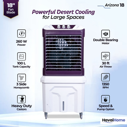 HAVAI Arizona 18 High Airflow Desert Cooler | 18” Metal Fan | 100L Tank | 3500 m³/hr Air Delivery | 30 ft Air Throw | 3-Side Thick Honeycomb Pads | Double Bearing Low-Noise Motor | Castor Wheels | 1-Year On-Site Warranty