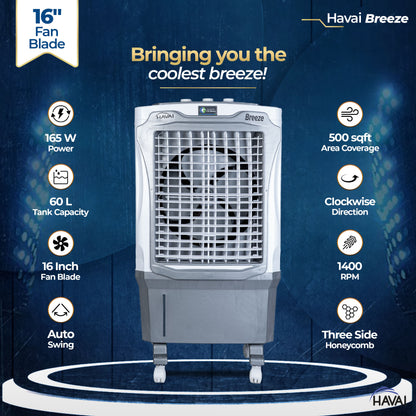 HAVAI Breeze 60L Desert Air Cooler | 16&quot; Fan Blade | 60L Tank Capacity | 500 Sq. Ft. Coverage | Auto Swing | Back Honeycomb Pads | White &amp; Grey