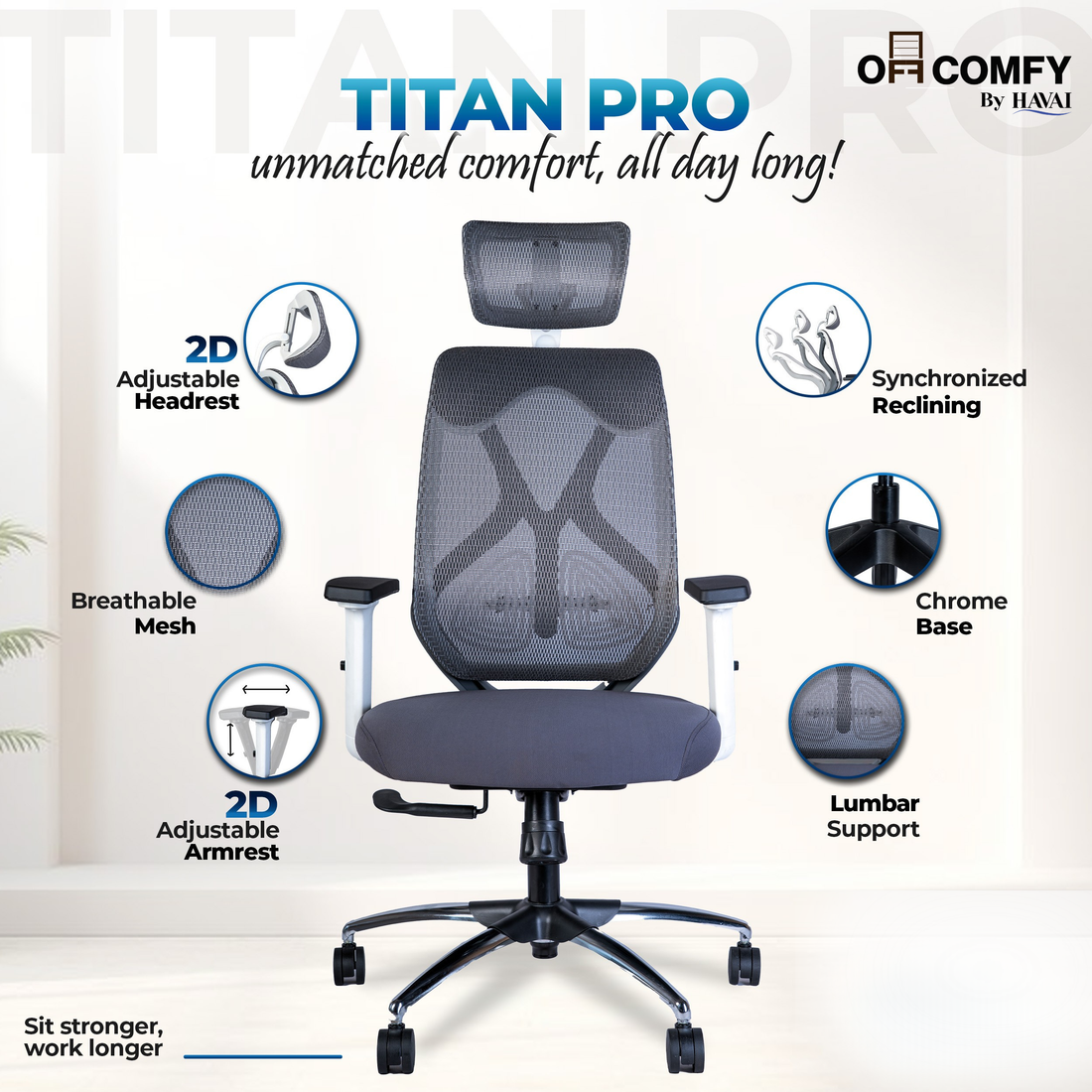 Off Comfy by HAVAI - Titan Pro Grey Chair |  Korean Mesh | Headrest | 2D Arms | Lumbar |  Seat Slider | Gaslift | Chrome Base | 60mm Castors