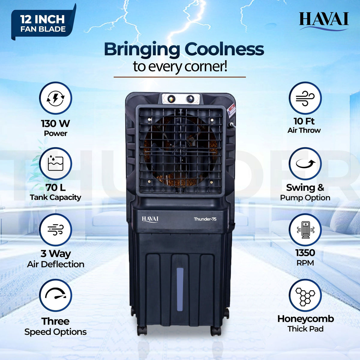 HAVAI Thunder-75 Tower Air Cooler | 70L Tank | 12″ Blade | Ideal for 150 sq ft Rooms | 130W Power | 10 ft Air Throw | 1350 RPM | Auto-Louver | 3-Speed | 1-Year On-Site Motor Warranty (Black)